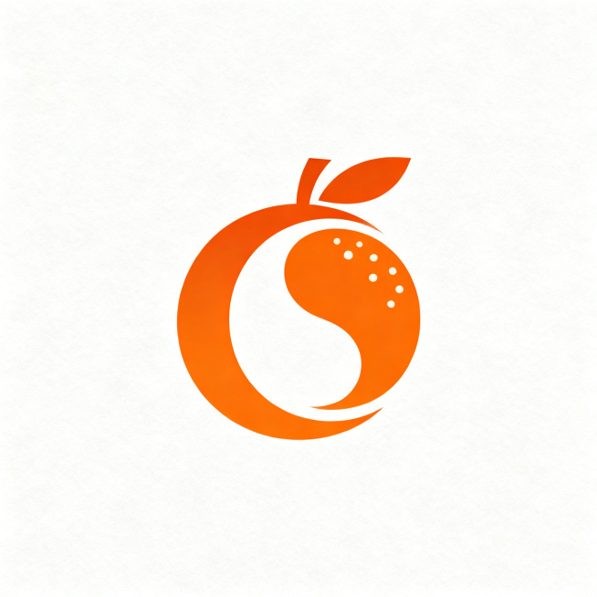 以橙子为主体的原创logo，整体为橙色，线条流畅顺滑，设计感强，造型简约精致，符合极简主义和几何构建原则，具有永恒性和适应性，能在各种场景清晰识别预览效果