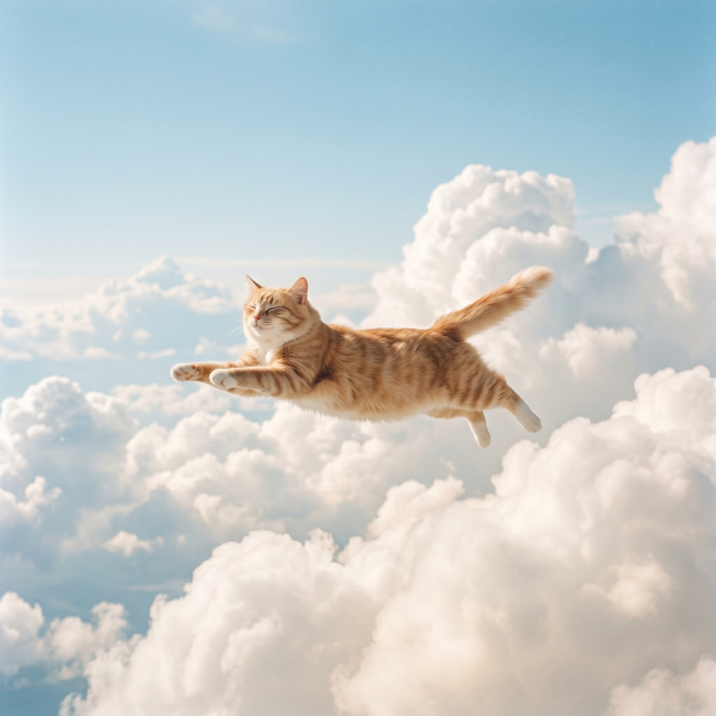 一只猫在蓝天白云中飞翔，猫展开身体漂浮在高空，周围是松软的云层，背景是明亮的浅蓝色天空，整体画面奇幻治愈，色彩清新自然预览效果