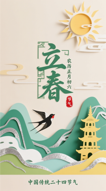 新中式剪纸风，浅杏色平整背景。上方有剪纸风格太阳；中间是剪纸镂空效果的艺术字 “立春”，旁标小字 “农历正月初六” 与红色剪纸样式 “节气” 印章；下方是剪纸山水（绿色、浅青色调，带银色描边），有燕子预览效果