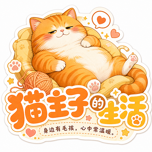 宠物主题异形贴纸，中心是卡通胖橘猫主子，边缘异形抠图贴合不规则轮廓，圆润大字主标题"猫主子的生活"，暖色调，下方小字补充"身边有毛孩，心中常温暖。"，边角点缀猫爪、毛线球、爱心装饰，慵懒温馨风格