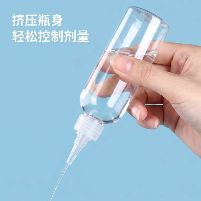 将“挤压瓶身 轻松控制剂量”文案的背景换成浅蓝色，文字保留白色，调换瓶子倾斜角度，更换为一只更干净美观的手握住瓶子，保持产品和挤液展示效果不变。预览效果