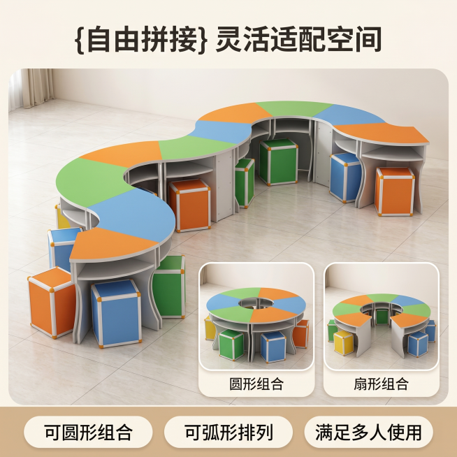 [主图 2] 阅览桌拼接组合功能展示。[氛围风格] 专业商用产品展示风格；[画质] 商业摄影质感、光线柔和通透、产品清晰真实、画面干净高级。[元素] 保持阅览桌产品外观（物理结构、材质质感、拼色设计）预览效果