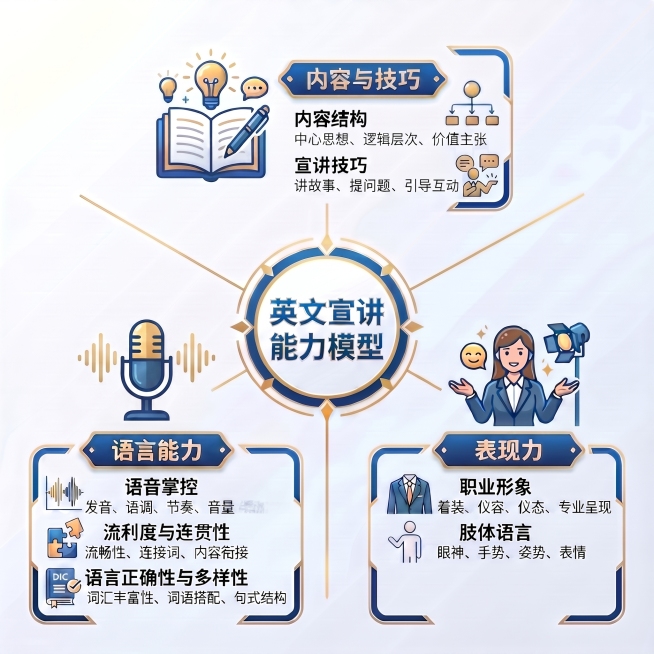 基于原图进行精准修改：1）将‘语言能力’模块中第一项标题‘语音表现’改为‘语音掌控’；2）清除该条目说明文字‘发音、语调、节奏、音量’中‘音量’右侧的一小块异常马赛克状图案（不规则像素噪点），使其背景预览效果