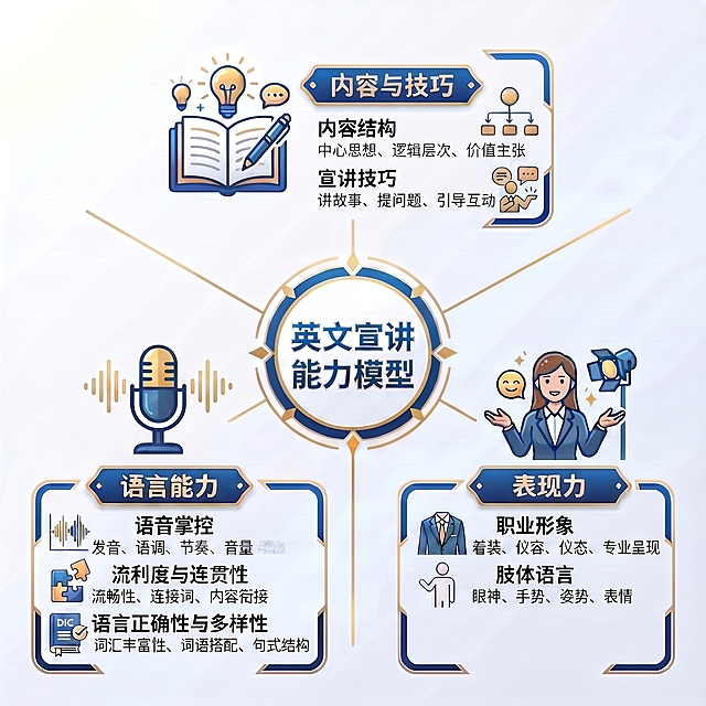 基于原图进行精准修改：1）将‘语言能力’模块中第一项标题‘语音表现’改为‘语音掌控’；2）清除该条目说明文字‘发音、语调、节奏、音量’中‘音量’右侧的一小块异常马赛克状图案（不规则像素噪点），使其背景干净平滑，与周围一致；3）其余所有元素（包括麦克风大图标、其他子项文字与布局、中心结构、配色、字体等）必须完全保留不变。