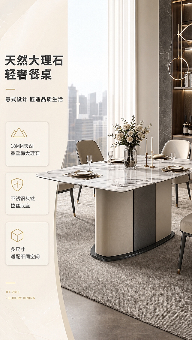 [商品] 使用【图1】DT-2811餐桌；保留长方形天然大理石台面（灰白纹理）、拼色立柱底座（米灰+深灰+黑色底托）、整体比例结构；修复画面完整度，补充桌腿全貌，增强大理石纹理清晰度与金属底座拉丝质感，不改变产品结构和颜色。
[画面] 目标：高级轻奢餐厅头图，建立产品第一印象。构图：左文右景，左侧约1/3竖列文案区，右侧现代意式餐厅大场景。产品占画面约55%，餐桌居中偏右，45°侧视角度，搭配轻奢餐椅、精致餐具、花艺摆件。前景：浅灰色地毯；中景：餐桌+餐椅+餐具布置；后景：落地窗+城市天际线虚化，暖白自然光从左侧洒入。
[视觉] 套系策略：风格=意式轻奢高级商业摄影；标题字=现代无衬线粗体（思源黑体Heavy）；正文字=简洁无衬线体（思源黑体Regular）；主色=暖米白；背景延展=基于暖米白做深浅层级、同色渐变和细腻石材/金属质感；强调色=香槟金，仅用于小面积图标、引线、标签和装饰线条；标题色=深炭灰；正文色=中暖灰；组件=圆角浅底信息卡、细线引线、金色点缀图标；光影=左前侧暖柔光，柔和漫反射，金属底座有清晰高光反射。
[文字] 左侧竖列：主标题「天然大理石 轻奢餐桌」（8字），副标题「意式设计 匠造品质生活」（10字），3条亮点：「18MM天然香雪梅大理石」「不锈钢灰钛拉丝底座」「多尺寸 适配不同空间」，底部系列角标「DT-2811 · LUXURY DINING」。文字不遮挡餐桌主体。
[规格] 图片比例9:16竖版，4K分辨率，避免变形、错字、文字过小、冷蓝背景、产品结构改变、大理石纹理失真。