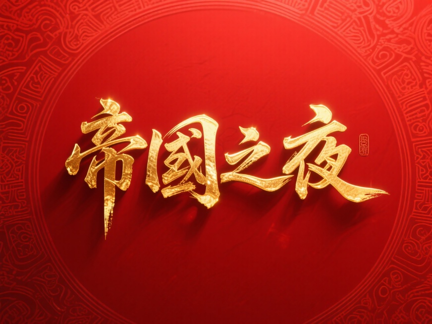 “帝国之夜”的烫金书法字，红色背景，加一些藏纹元素预览效果