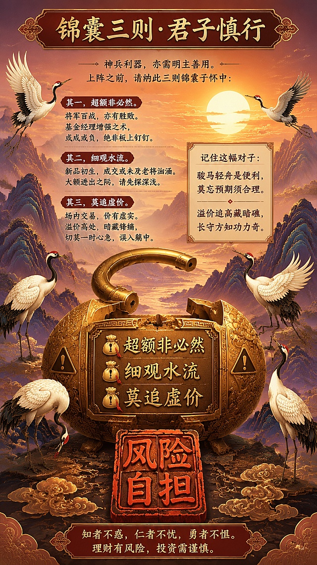 国潮插画风格，竖版知识卡片。画面主体是一枚打开的精美长命锁造型，锁身被设计成警示牌的模样，锁面上用金色篆刻着三条锦囊妙计似的短句。锁的周围环绕着五只姿态各异的仙鹤，一只低首沉思，四只或昂首远眺。背景是落日熔金的暖色调，远处有连绵群山剪影。画面底部压着一方朱砂色篆刻印章，印文为"风险自担"。整体色调为古铜金、朱砂红、暮山紫。画面顶部放置标题，标题文字为"锦囊三则·君子慎行"，正文文案为：神兵利器，亦需明主善用。上阵之前，请纳此三则锦囊于怀中：其一，超额非必然。将军百战，亦有胜败。基金经理增强之术，或成或负，绝非板上钉钉。其二，细观水流。新品初生，成交或未及老将汹涌。大额进出之际，请先探深浅。其三，莫追虚价。场内交易，价有虚实。溢价高处，暗藏锋镝，切莫一时心急，误入彀中。记住这幅对子：骏马轻舟是便利，莫忘预期须合理。溢价追高藏暗礁，长守方知功力奇。底部文字印章包含："知者不惑，仁者不忧，勇者不惧。理财有风险，投资需谨慎。"，所有文字内容必须保证清晰可辨认。