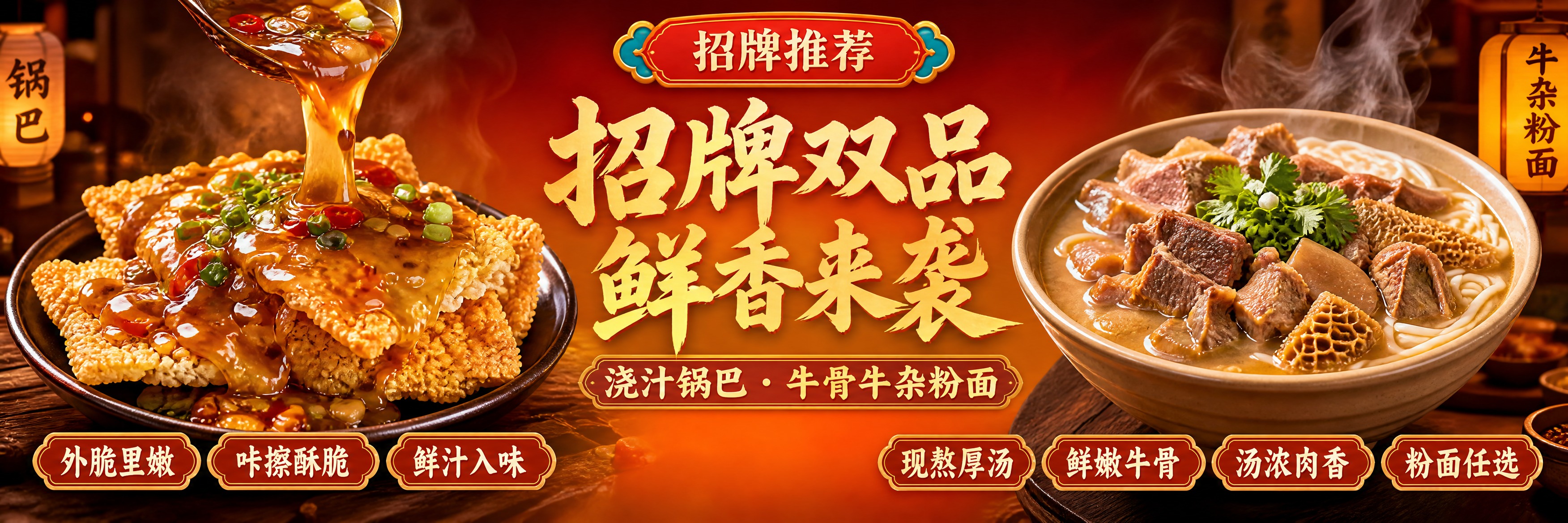写实商业摄影风格的中式餐饮美食海报，超宽横版构图。画面左右分栏… - 图片创意预览