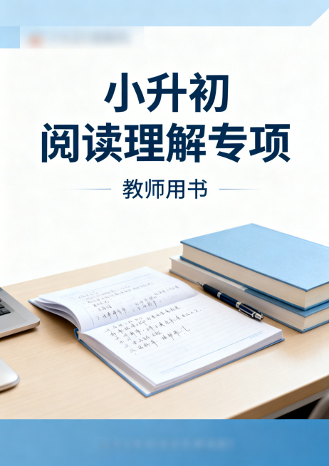 书籍封面设计，主标题是"小升初阅读理解专项"，副标题是"教师用书"，画面展示教师备课的办公场景，有书本、教案、笔，风格简洁专业，适合教育书籍封面预览效果
