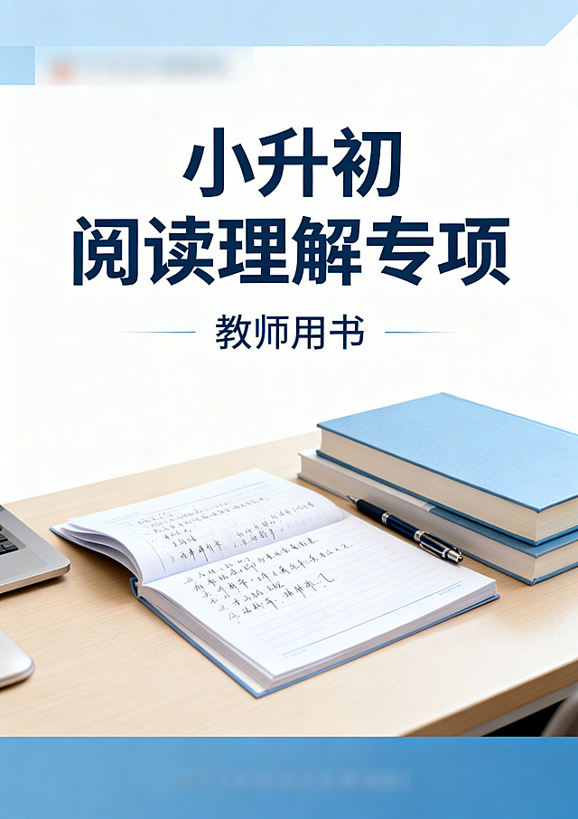 书籍封面设计，主标题是"小升初阅读理解专项"，副标题是"教师用书"，画面展示教师备课的办公场景，有书本、教案、笔，风格简洁专业，适合教育书籍封面