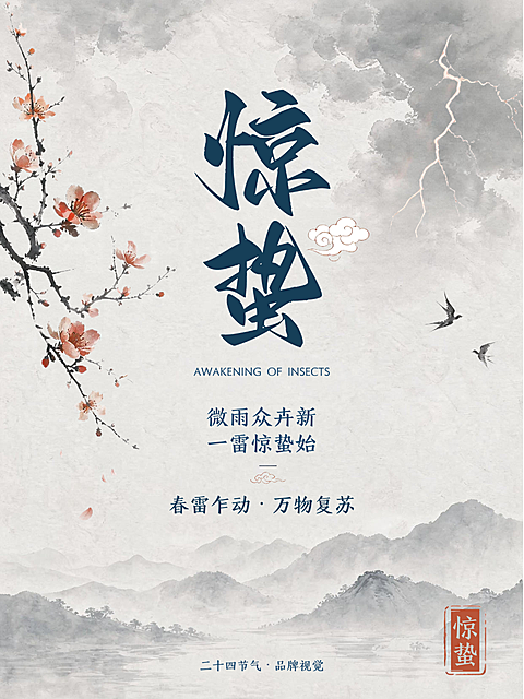 惊蛰节气问候祝福通用清新水墨风小红书封面