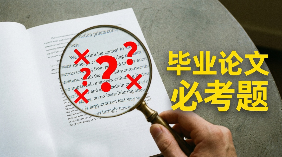极简主义摄影。一张铺开的毕业论文页面。一只手拿着一个巨大的高倍放大镜，正聚焦在论文的一段文字上。放大镜的视野里，普通的黑字变成了红色的问号❓和错号❌，并且字体被放大了数倍。画面右侧写着黄色的综艺体大字预览效果