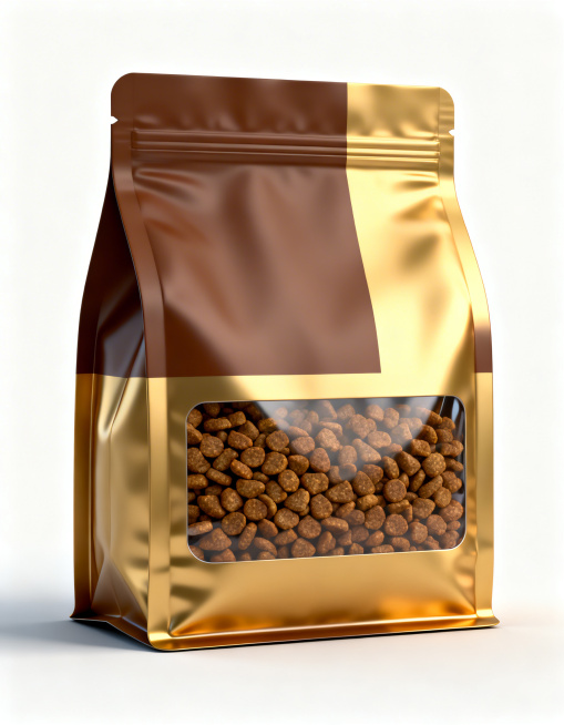 一袋猫粮，产品摄影，高端宠物食品品牌，3D 渲染，C4D 质感，辛烷值渲染，影棚布光。袋子为哑光质感自立袋，采用棕色和金色的高饱和配色。袋身带有透明窗口可以清晰呈现猫粮颗粒。纯净白色背景，柔和自然光，预览效果