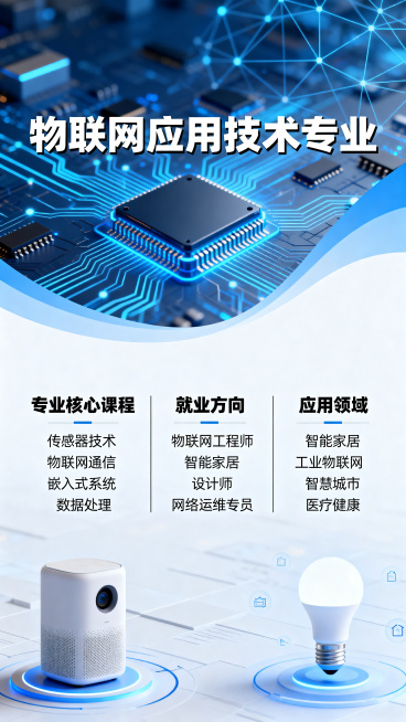 物联网应用技术专业内容介绍宣传海报，导航清晰，排版美观，包含专业核心课程、就业方向、应用领域板块，现代科技蓝白色调，简约大气设计风格，主标题清晰醒目标注'物联网应用技术专业'，科技感背景，包含芯片、网预览效果