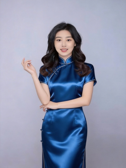 参考原图人物，保持人物长相特征不变，更换为蓝色真丝缎面旗袍，更换不同姿势不同手势，和粉色旗袍姿势手势不同，保持人物是本人，专业职业形象照风格，纯色简约背景，保持人物脸型发型年龄不变预览效果