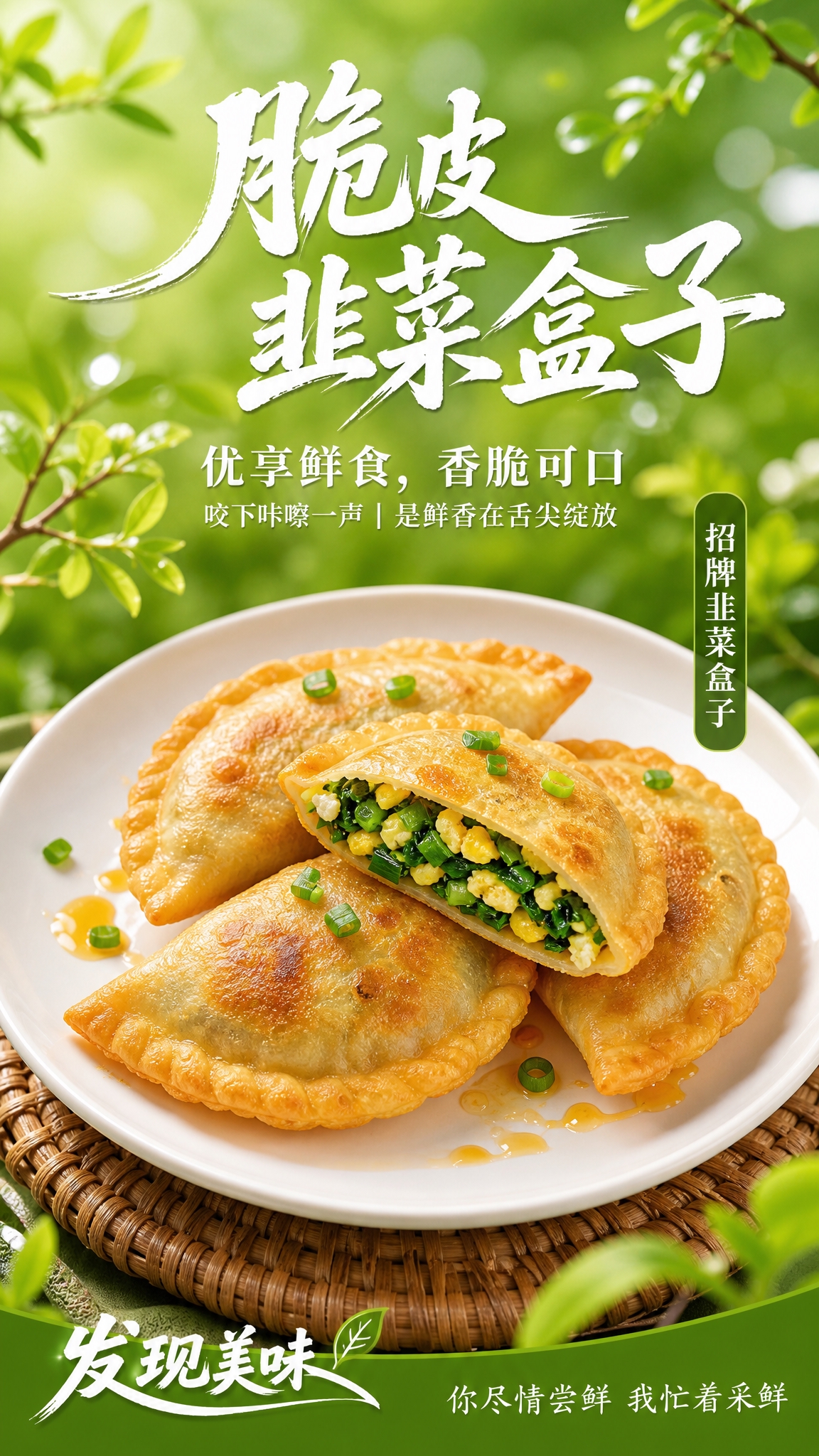 参考图1的版式骨架与清新食欲氛围，将产品替换为脆皮韭菜盒子（参… - 图片创意预览