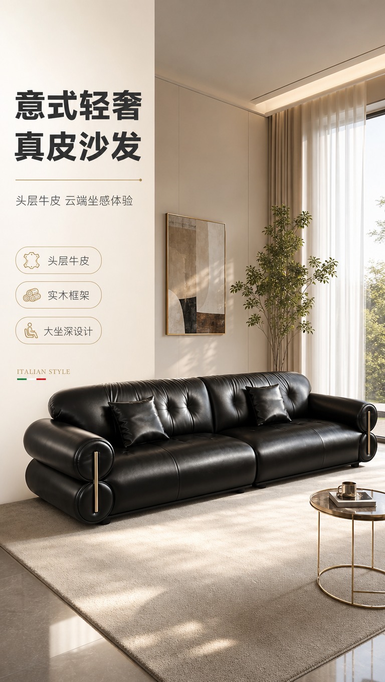 [商品] 使用【图1】黑色皮质四人位沙发；保留整体结构、圆润扶… - 图片创意预览