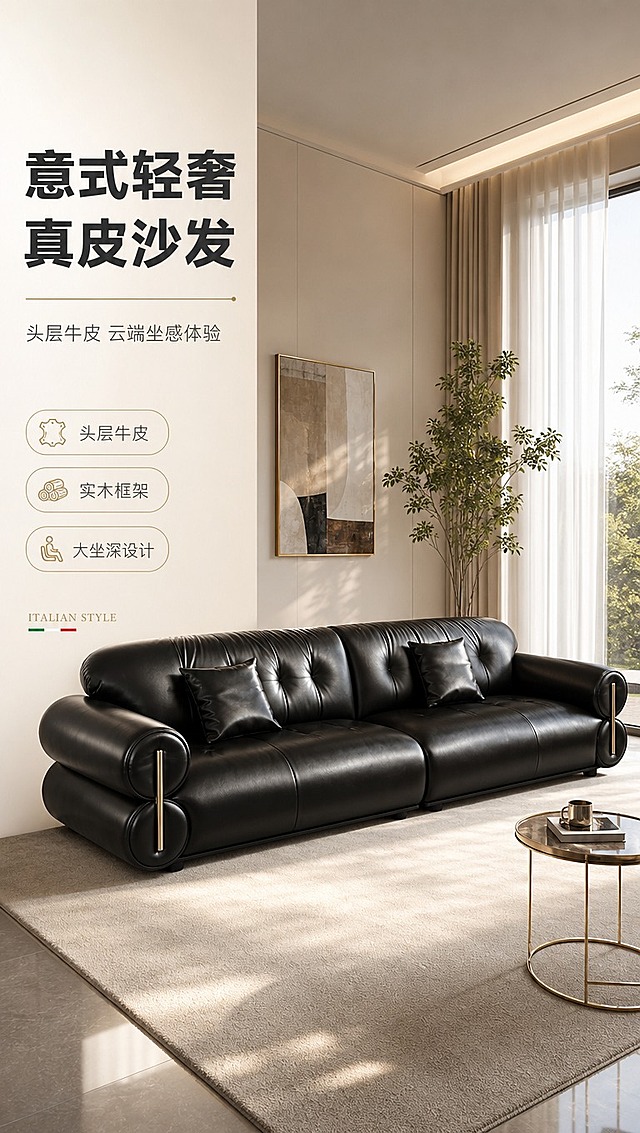 [商品] 使用【图1】黑色皮质四人位沙发；保留整体结构、圆润扶手、金属装饰条、配套抱枕、皮革纹理和黑色配色；增强皮革光泽与质感，修复轻微瑕疵，不改变产品外形与比例。
[画面] 目标：首屏吸引注意，展示意式轻奢真皮沙发的整屋空间氛围。构图：左文右景竖版布局，左侧约1/3留白放文案，右侧大场景展示沙发置于现代轻奢客厅中央；产品占画面约55%，正面微侧角度；前景浅色地毯+金属边几，中景沙发主体配同色系抱枕，后景落地窗+白纱帘+绿植+艺术挂画，午后暖自然光从右侧洒入，地面柔和光影。
[视觉] 套系策略：风格=亮色调现代轻奢商业摄影；标题字=现代简约粗黑体；正文字=纤细无衬线体；主色=暖米白+浅灰；背景延展=基于暖米白做深浅层级、同色渐变和细腻哑光质感；强调色=香槟金，仅用于小面积图标、引线、标签和金属装饰；标题色=深炭灰；正文色=中暖灰；组件=圆角浅底信息卡、细线引线、金色点缀；光影=右前侧暖柔光，明亮通透。
[文字] 左侧竖排文案区：主标题「意式轻奢 真皮沙发」（8字），副标题「头层牛皮 云端坐感体验」（10字），下方3条亮点胶囊：「头层牛皮」「实木框架」「大坐深设计」；底部小字系列角标「ITALIAN STYLE」。文字不遮挡沙发主体。
[规格] 图片比例9:16竖版，4K分辨率，避免变形、错字、文字过小、冷蓝背景、产品颜色改变、结构失真、极限词。