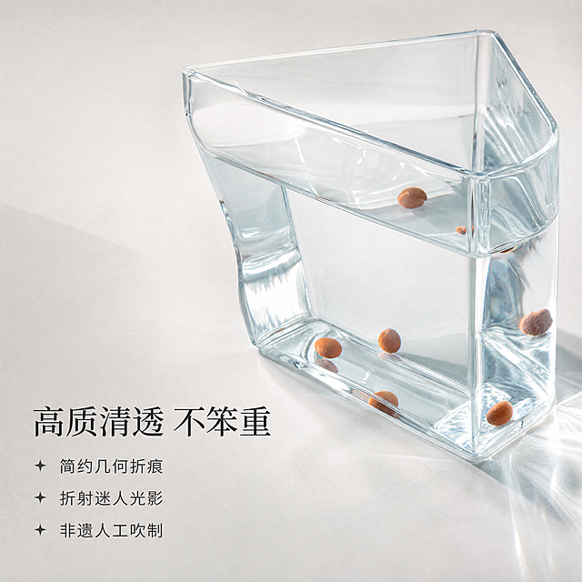 [主图-2] 高硼硅玻璃材质细节卖点图
[氛围风格] 高级质感突出，简洁真实
[画质] 商业摄影质感，光线柔和通透，产品清晰真实，画面干净高级，超高清
[元素] 近距离特写展示水培花器的玻璃材质和几何折痕设计，产品放置在干净桌面，突出玻璃清透不笨重的质感，折痕处光影折射效果，保持产品外观（物理结构、材质质感、颜色）与输入产品图绝对一致，杜绝任何变形和色差，精细化处理玻璃折痕细节，商品主体占比约70%
[光影] 侧光突出玻璃材质和折痕光影效果，光线柔和，明暗层次清晰，突显清透质感
[配色] 浅素背景，突出透明玻璃本身的质感和陶粒暖橙色点缀
[视角构图] 特写俯视，聚焦玻璃边角折痕细节
[文字版式] 左下角区域排布卖点，从上到下：大字写"高质清透 不笨重"，下方分三行小字：
「简约几何折痕」
「折射迷人光影」
「非遗人工吹制」
每一行加小菱形图标点缀，深灰色文字，背景浅色留白，文字不遮挡产品核心细节
[比例分辨率] 1:1 比例，2048x2048，4k分辨率，文字清晰可辨
[负向提示词] 变形，水印，文字错乱，产品图模糊，背景杂乱