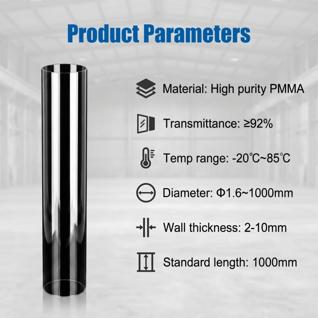 [Main Image 6] Product Parameters display page for High Transparency PMMA Acrylic Hollow Round Tube.预览效果