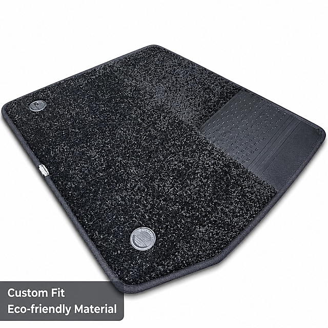 [Main Image 1] First main picture for custom fit car floor mats, product centered. Keep the appearance (physical structure, material texture, color) of the car floor mats exactly the same as the input product pictures, no distortion or color difference. Product accounts for 85% of the frame. Background is pure white #FFFFFF. In the lower left corner add text "Custom Fit" "Eco-friendly Material" in clear white sans-serif font. Commercial photography texture, soft and even light, sharp focus, clean and professional. 1:1 square ratio, 2K ultra HD, no watermark, no extra logo. Negative prompt: distortion, blurred text, cluttered background, watermark.