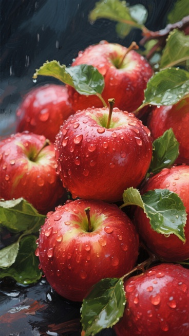 一堆新鲜饱满的红色苹果，表面覆盖着晶莹的水珠，带着翠绿的叶子，采用印象派油画风格，色彩浓郁鲜艳，笔触厚重富有质感，光影朦胧柔和，背景为深色，突出苹果的鲜活与水分感，构图紧密饱满，充满自然生机与艺术氛围。预览效果