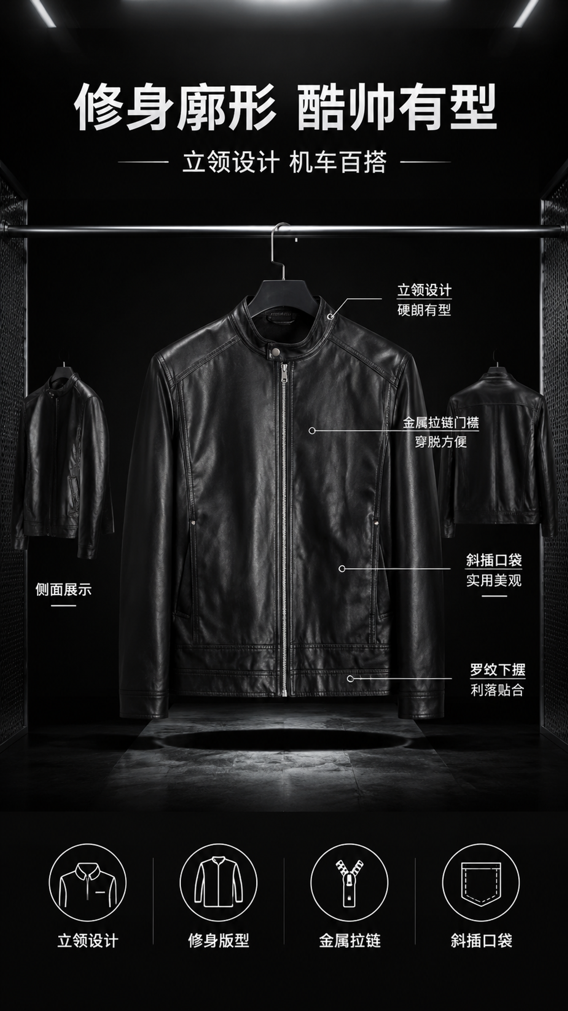 [第2张] 详情页版型解析-黑色立领机车皮夹克多角度廓形展示。… - 图片创意预览