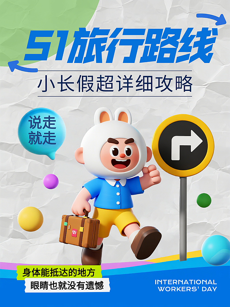 蓝色趣味3D五一旅行路线攻略春游出行经验分享小红书封面