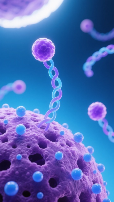 3D渲染风格的微观生物医学背景，以渐变的蓝色和紫色为主色调，柔和的顶部光源照亮整个场景，创造出明亮通透且具有神秘感的氛围。画面中央及前景是质地粗糙、充满孔洞和凸起的紫色细胞表面，上面散布着许多小型的蓝色球体。多个半透明的、带有蓝色光晕的紫色细胞球体悬浮在细胞表面上方，其中一个位于画面偏上位置的细胞球体通过一条螺旋状的、由蓝紫色渐变组成的链条与细胞表面相连，其他类似的螺旋链条也分布在画面各处，呈……预览效果