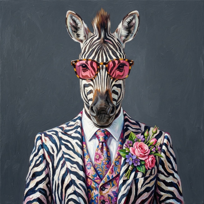 超现实主义拟人化动物肖像油画，融合写实油画技法与波普艺术明快色彩，现代创意肖像绘画。纯净深灰色纯色背景，无多余具象场景元素，简洁干净衬托主体。画面中心是拟人化斑马的上半身正面朝向观者，为视觉核心：斑马预览效果