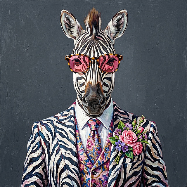 超现实主义拟人化动物肖像油画，融合写实油画技法与波普艺术明快色彩，现代创意肖像绘画。纯净深灰色纯色背景，无多余具象场景元素，简洁干净衬托主体。画面中心是拟人化斑马的上半身正面朝向观者，为视觉核心：斑马头部写实造型，面部细节清晰，佩戴玳瑁纹边框、红粉色镜片的太阳镜；身着满印斑马纹的三件套西装，内搭白色衬衫，系同风格花卉领带，西装左胸别着粉色与紫色花朵胸针。整体采用厚涂油画技法，笔触清晰可见，色彩饱满浓郁，色块与笔触表现毛发、布料质感，光影柔和自然。整体氛围诙谐俏皮、时尚明快，拟人化穿搭让斑马时髦可爱，传递轻松幽默活力满满的情绪，给人愉悦有趣的视觉感受。