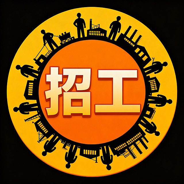 橙黄色调圆形图标设计，粗体"招工"两个大字居中放置，外圈环绕工人和工厂的黑色剪影，风格亲切接地气，干净纯色背景，整体为圆形设计，比例1:1，文字清晰可识别，构图平衡