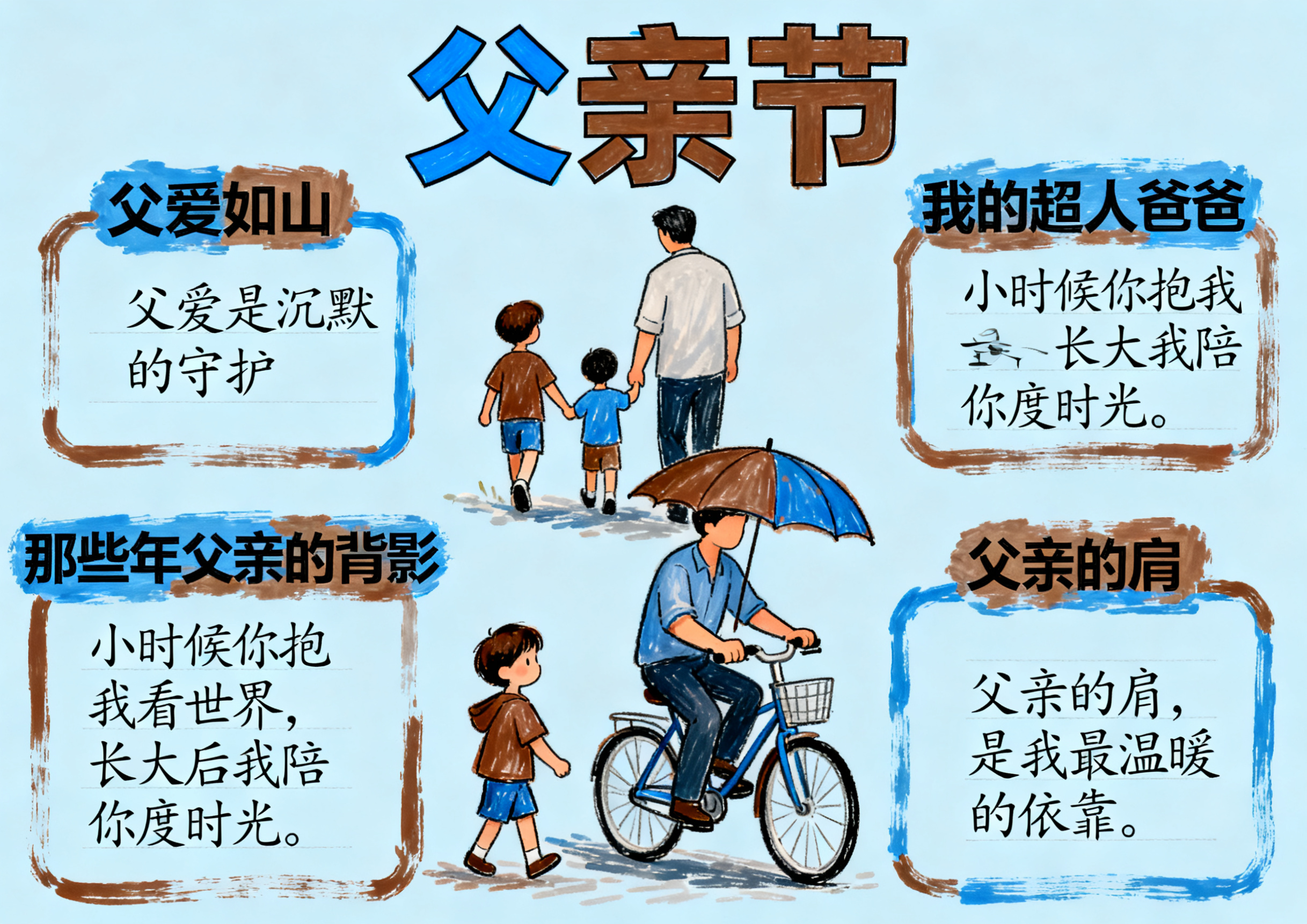 父亲节男女通用手抄报，马克笔手绘风格，内容丰富饱满，包含父亲节… - 图片创意预览