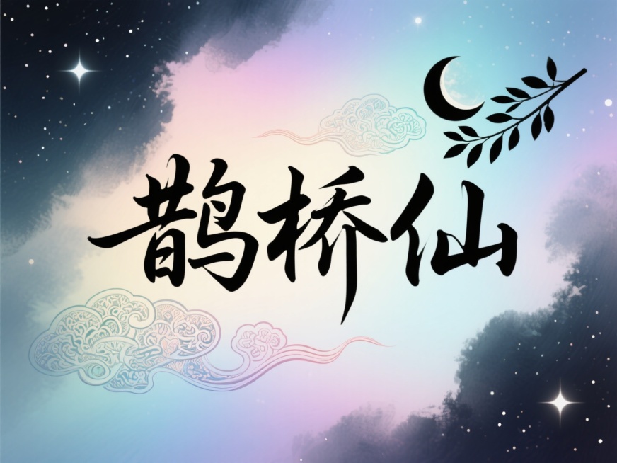 浪漫古典文字 "鹊桥仙"：书法字体勾勒，点缀云锦纹样与月桂剪影，背景晕染星河渐变色，整体透着水墨古韵的雅致感，线条流畅，高级感，星河背景，高纯度配色。预览效果