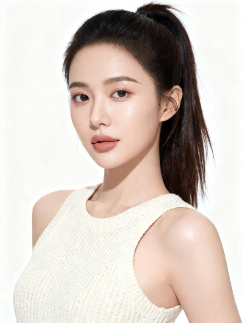 8K超高清美妆商业人像，竖版中近景，主体是25岁左右的年轻东亚女性，头发扎起置于脑后，发丝有自然光泽；皮肤是清透质感，底妆自然水光肌，裸色哑光唇妆，模特身体微向右侧，头部正面面向镜头，眼睛有神直视镜头预览效果