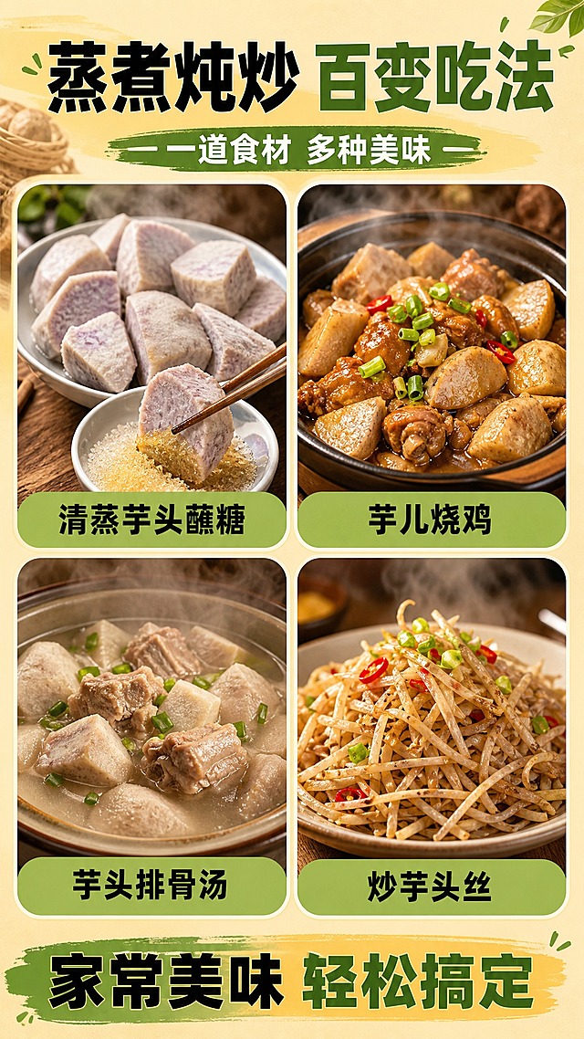 拼多多风格生鲜芋头百变吃法页，9:16竖版。2x2四张圆角卡片拼图，分别展示：左上清蒸芋头蘸糖、右上芋儿烧鸡、左下芋头排骨汤、右下炒芋头丝。每张卡片菜品诱人热气腾腾，芋头清晰可见。卡片间有间隙，底部统一标签条。顶部标题：蒸煮炖炒 百变吃法，副标题：一道食材 多种美味。每张卡片下方标注菜名。底部标签条：家常美味 轻松搞定。土黄+翠绿主色调，粗黑体大字，接地气家常风，暖光餐厅质感，文字横排清晰。