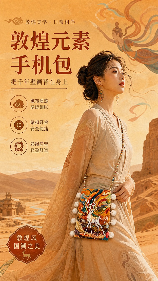 敦煌风格头图海报，橙黄九色鹿款绒布手机包，长方形竖款，九色鹿壁画印花，两侧白色毛球流苏，彩色编织肩带。亚洲女性模特斜挎手机包，敦煌沙漠暖调场景，飞天飘带剪影背景。主标题敦煌元素手机包，副标题把千年壁画背在身上，卖点：绒布质感、暗扣开合、彩绳肩带。国风宋体，暖橙赭石色调，石青蓝点缀，商业摄影质感。9:16竖版。