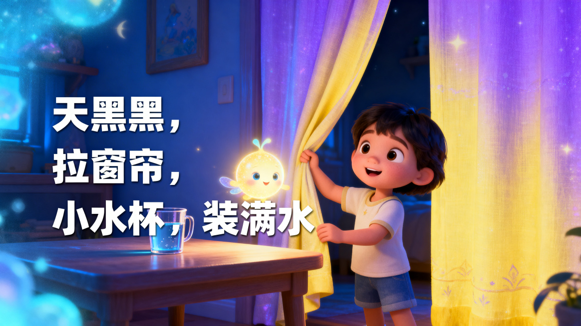 中班幼儿科学微课PPT内页，第5页彩虹步骤1-2，卡通梦幻风格，皮克斯风格，明亮色彩，主色调蓝紫黄渐变，幼儿视角。卡通暗房间，拉窗帘+放水杯，大字儿歌"天黑黑，拉窗帘，小水杯，装满水"，光宝宝准备飞出预览效果
