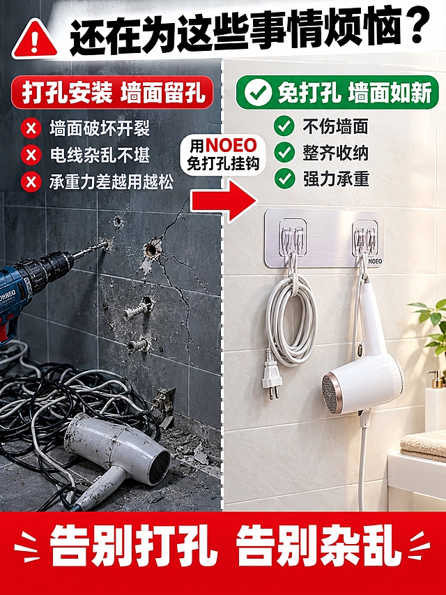 [商品] 使用【图5】【图9】NOEO免打孔挂钩；保留透明双爪钩长方形贴片结构、NOEO Logo、免打孔粘贴属性；产品清晰化，增强真实感。
[画面] 页面目标：痛点对比，传统打孔破坏墙面vs免打孔无痕整洁，激发用户痛点共鸣。构图：左右对半分栏对比，中间用白色虚线+箭头分隔。左侧（痛点区）：灰色瓷砖墙面，有电钻钻孔痕迹、膨胀螺丝孔、瓷砖开裂、电线杂乱缠绕、吹风机散落，光线昏暗，整体混乱压抑，配电钻、破损墙面的真实场景。右侧（解决区）：同一面瓷砖墙，安装了NOEO透明免打孔挂钩，电线整齐挂放，吹风机有序悬挂，墙面干净无痕，光线明亮整洁。中间箭头从左指向右，上方文字引导。景别：墙面中景。
[视觉] 套系策略：风格=拼多多大字报+真实家居场景对比，痛点直击；标题字=超粗黑体；正文字=清晰无衬线黑体；主色=左冷灰右暖白；背景延展=左侧冷暗灰色调做压抑感，右侧暖白明亮调做清爽感；强调色=正红色+警示红；标题色=左侧白色/右侧黑色；正文色=左侧浅灰/右侧深灰；组件=红色警示三角、对勾图标、虚线箭头分隔；光影=左侧冷光昏暗，右侧暖光明亮，对比强烈。
[文字] 顶部通栏大标题粗黑字配红色警示三角："还在为这些事情烦恼？"。左侧上方红字："打孔安装 墙面留孔"，下方列痛点："墙面破坏开裂""电线杂乱不堪""承重力差越用越松"。右侧上方绿底白字标签："免打孔 墙面如新"，下方列解决点："不伤墙面""整齐收纳""强力承重"。中间箭头上方："用NOEO免打孔挂钩"。底部红色通栏白字："告别打孔 告别杂乱"。
[规格] 图片比例3:4竖版，4K，避免变形、错字、产品穿模、左右对比不明显、冷蓝主色调。