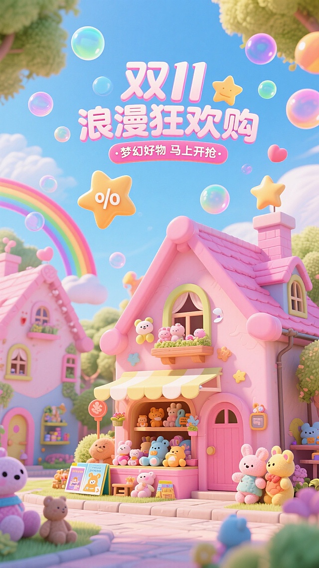 梦幻3D风格，软萌卡通小镇，粉嫩童话屋搭配彩虹泡泡，萌趣小熊环绕，营造浪漫温馨的双11狂欢氛围。