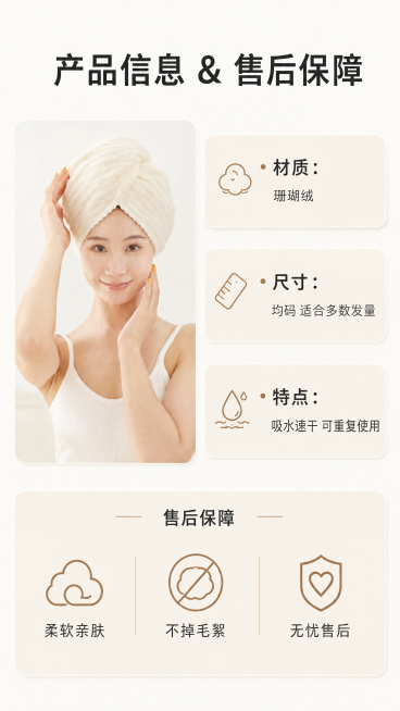 [第8屏] 规格参数与售后保障。
[氛围/风格] 简约清晰信息卡风格，干净直观，易读性强。
[元素布局] 左上放置米白色干发帽模特小图，保持颜色和纹理与输入产品图一致，右侧和下半部分为规格参数信息卡，预览效果