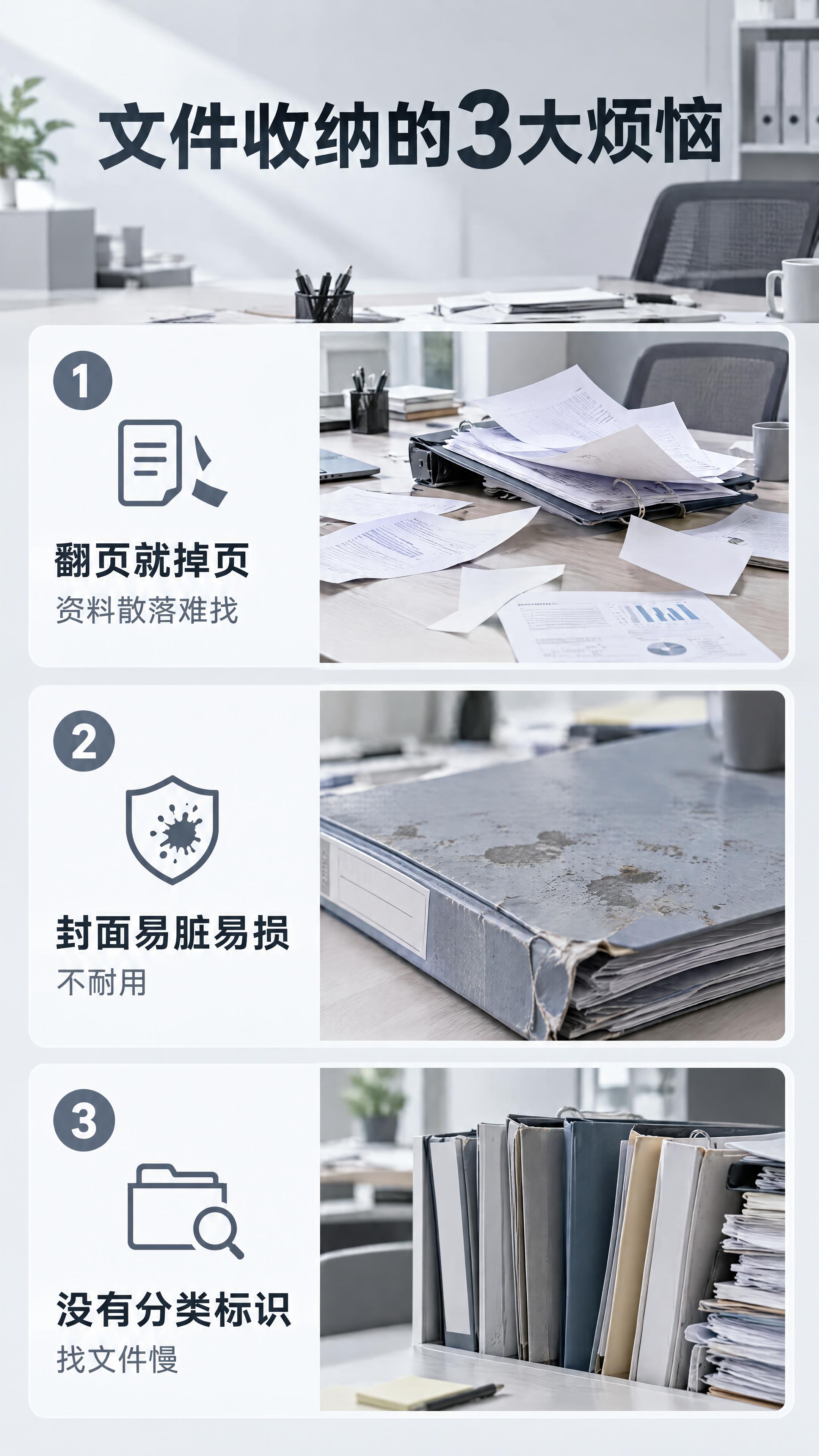 电商详情页痛点页，9:16竖版，简约商务风格。画面呈现办公文件… - 图片创意预览