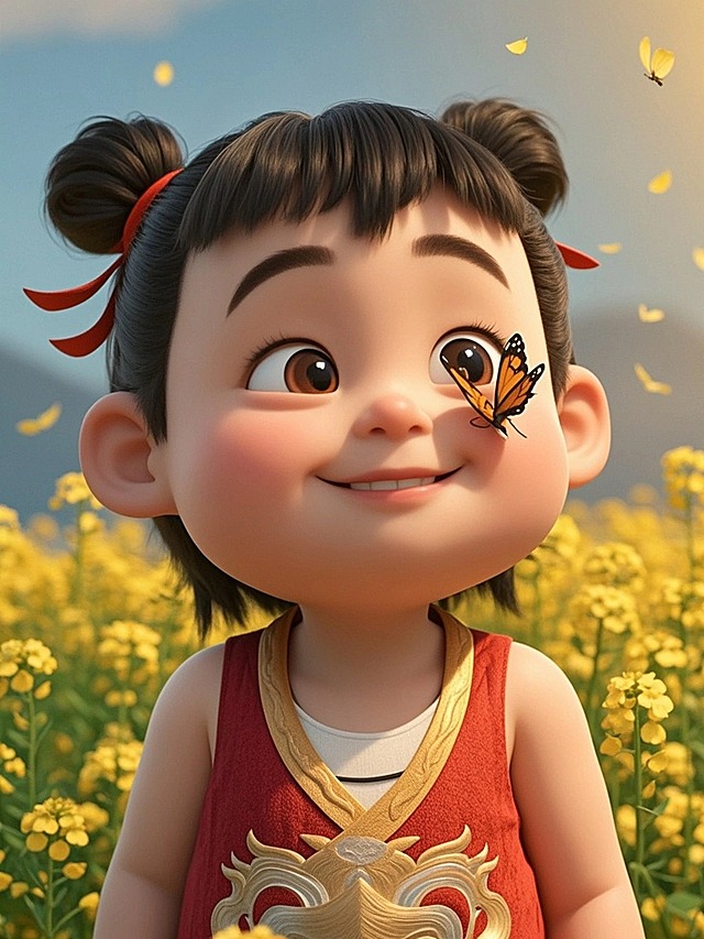 春天，3D小哪吒，穿着肚兜，在油菜花田里，脸上有蝴蝶