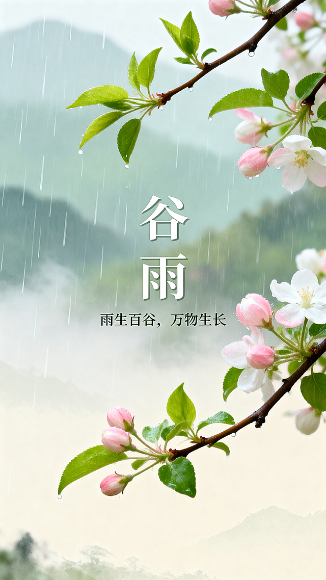 二十四节气谷雨海报，清新自然风格，画面有雨水、嫩绿新芽、含苞花朵和朦胧山水，搭配文字"谷雨"，整体色调清新柔和，充满春意，适合节气宣传