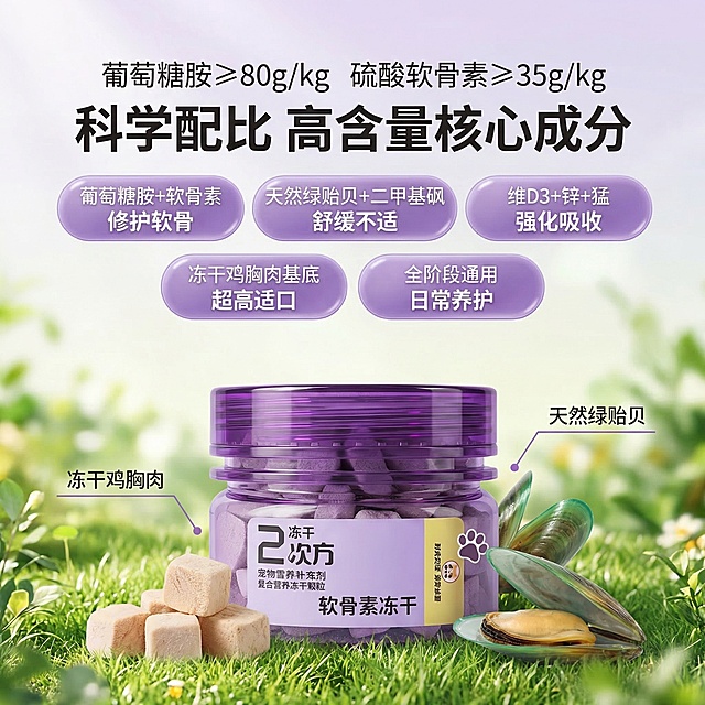 产品图：[https://gdesign-dam-hz.dancf.com/35897146661915734/bae850323abe4b5e894fd6665b2d92d8.png]，第二张淘宝主图，展示宠物软骨素冻干核心配方成分，活力治愈系风格。画面主体为紫色瓶装软骨素冻干，背景虚化绿色草地。围绕产品摆放核心原料：冻干鸡胸肉块 新鲜绿贻贝，用纤细引线分别标注对应成分。中央大字标注核心成分保证值 "葡萄糖胺≥80g/kg 硫酸软骨素≥35g/kg"，文案标题 "科学配比 高含量核心成分"，五个卖点用半透明胶囊框依次排列：「葡萄糖胺+软骨素 修护软骨」「天然绿贻贝+二甲基砜 舒缓不适」「维D3+锌+猛 强化吸收」「冻干鸡胸肉基底 超高适口」「全阶段通用 日常养护」，字体层次分明，主色调紫色搭配绿色，自然清新，背景全屏无边框，产品外观与原图保持一致。
