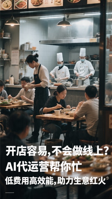 纪实摄影，实体餐饮店商家忙碌的店内场景，服务员穿梭于餐桌之间，厨师在后厨备餐，顾客在用餐，画面温馨充满烟火气，画面下方添加宣传文案"开店容易，不会做线上？AI代运营帮你忙，低费用高效能，助力生意红火"预览效果