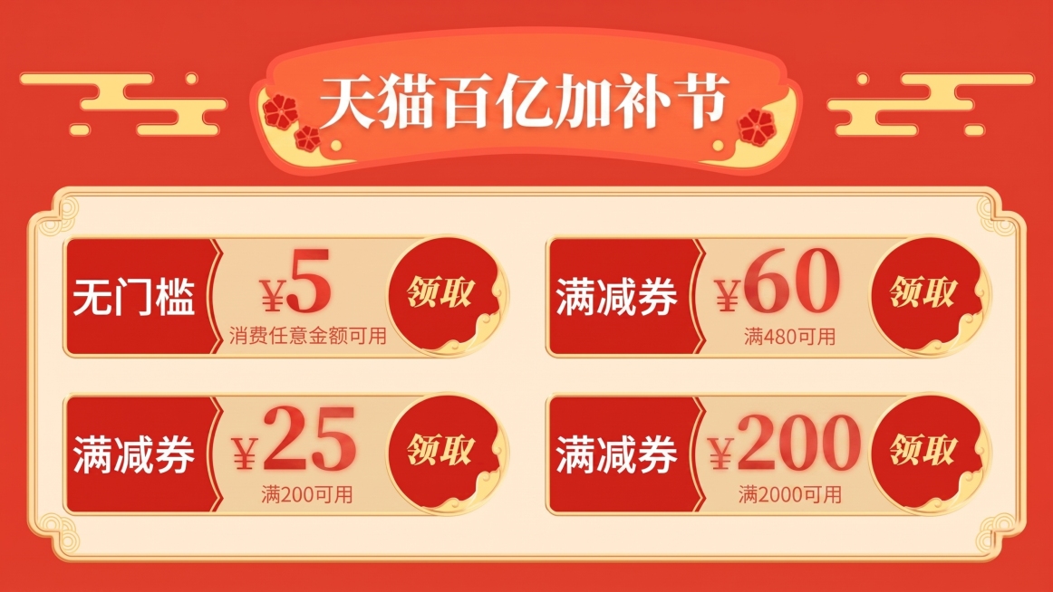 修改这张优惠券图：1. 将顶部标题“十一黄金周福利”改为“天猫百亿加补节”；2. 修改后三张满减优惠券的信息：原满199减10改为满200减25，原满299减20改为满480减60，原满399减30改预览效果