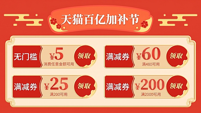 修改这张优惠券图：1. 将顶部标题“十一黄金周福利”改为“天猫百亿加补节”；2. 修改后三张满减优惠券的信息：原满199减10改为满200减25，原满299减20改为满480减60，原满399减30改为满2000减200；保持原图片整体风格、配色、布局不变，只修改指定文字和数字。
