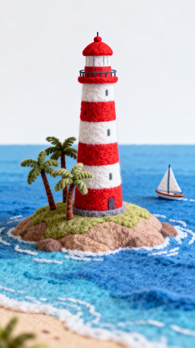 毛绒质感的海边景色插画，一座红白相间的灯塔矗立在有棕榈树点缀的小岛上，旁边是蓝色大海，海面上有艘帆船，所有元素均为毛茸茸的绒毛材质，色彩鲜明，细节高清，背景简洁以突出主体