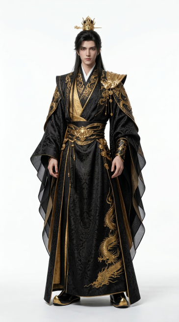 图片高清化，写实风格，保留真实的皮肤肌理，完美的身材比例，图片为身着黑金古风长袍头戴金冠的古装男子，纯白色背景预览效果